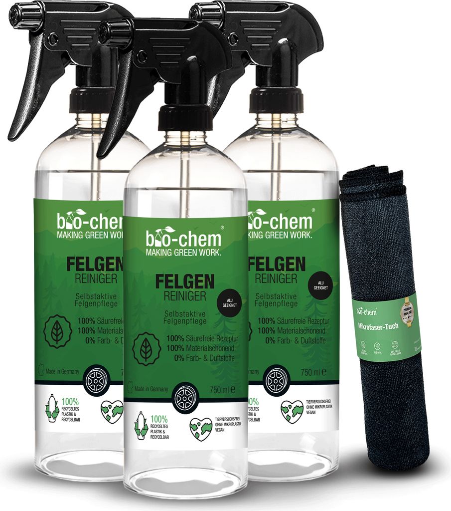 bio-chem Felgenreiniger 3X 750 ml inkl. Tuch - Extrem stark gegen Schmutz, sanft zu Allen Felgen: Stahl- und Alufelgen, Chrom poliert und matt - s...