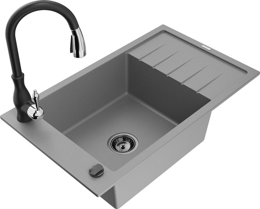 Mexen Elias 1 Becken-Granitspüle mit Abtropffläche und Mischbatterie Savita, Grau - 6511-71-672601-70-B