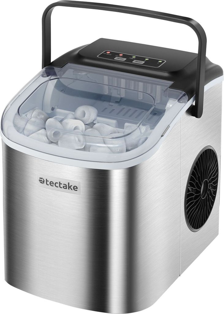 A portable ice maker filled with ice cubes.