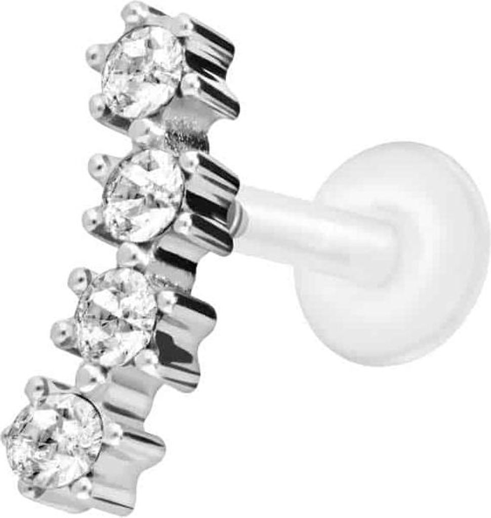 Ohrpiercing, Nasenpiercing PTFE Labret mit Innengewinde + Titan-Aufsatz 4 EINGEFASSTE KRISTALLE Silber Stablänge: 8mm | Stabstärke: 1,2mm
