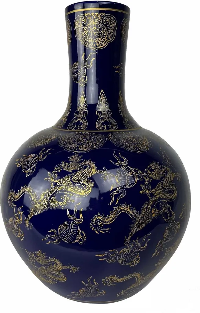 Vase décoratif en céramique bleue et or style oriental pour grand salon