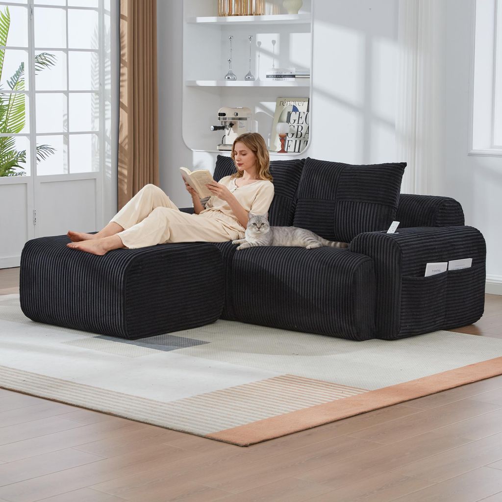 Modulares Cordsofa - 2-Sitzer mit Hockern, Schwarz - Frei kombinierbar - Inklusive Getränkehalter und Aufbewahrungstasche