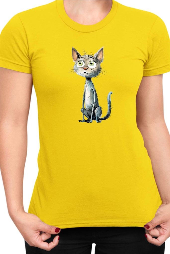 Damen T-Shirt Funny Cats Breeds Bambino Cat 012, Lady L / Gelb