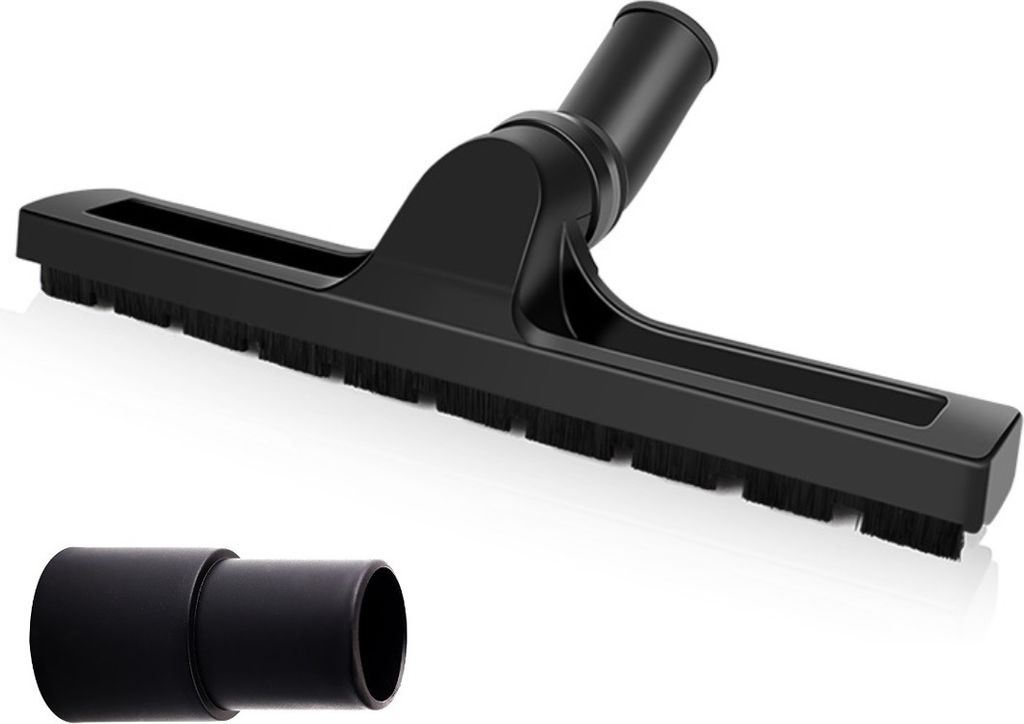 A black vacuum cleaner floor nozzle and an adapter are shown against a white background.