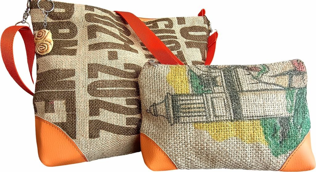 Van Der Elv-1 Umhängetasche + 1 Kulturtasche, Upcycling, Hamburger Kaffeesack, immer ein Unikat, Fair Trade, 100% Handarbeit, nachhaltig, vegan, u...