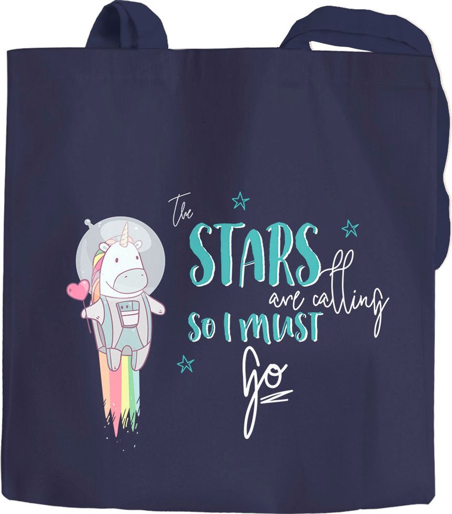 Stoffbeutel Einhorn Astronaut Spruch the stars are calling and i must go Jutebeutel Baumwolltasche Moonworks navy 2 lange Henkel