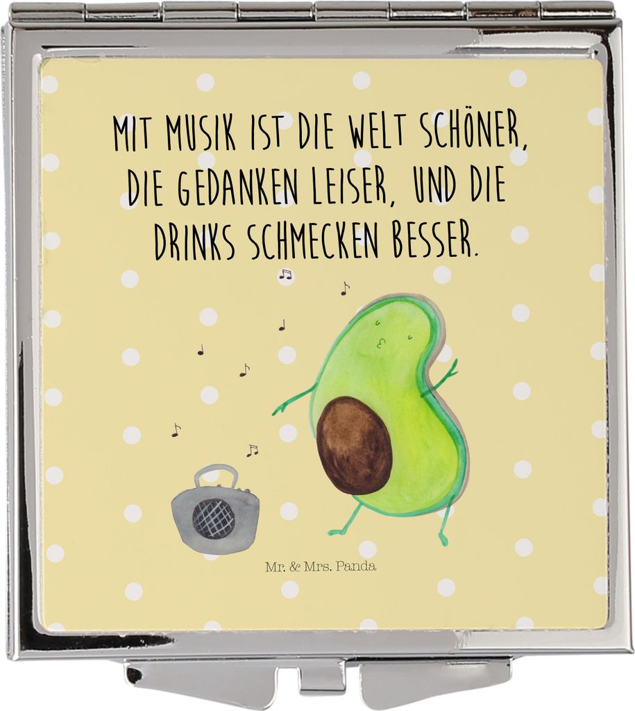 Mr. & Mrs. Panda Kosmetikspiegel Avocado Tanzen - Gelb Pastell - Geschenk, Party, Handspiegel, Taschenspiegel, Drinks, Musik, Kleiner Spiegel, Urla...