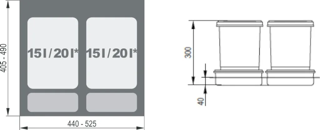Système de tri des déchets 2 compartiments 60cm en polypropylène gris
