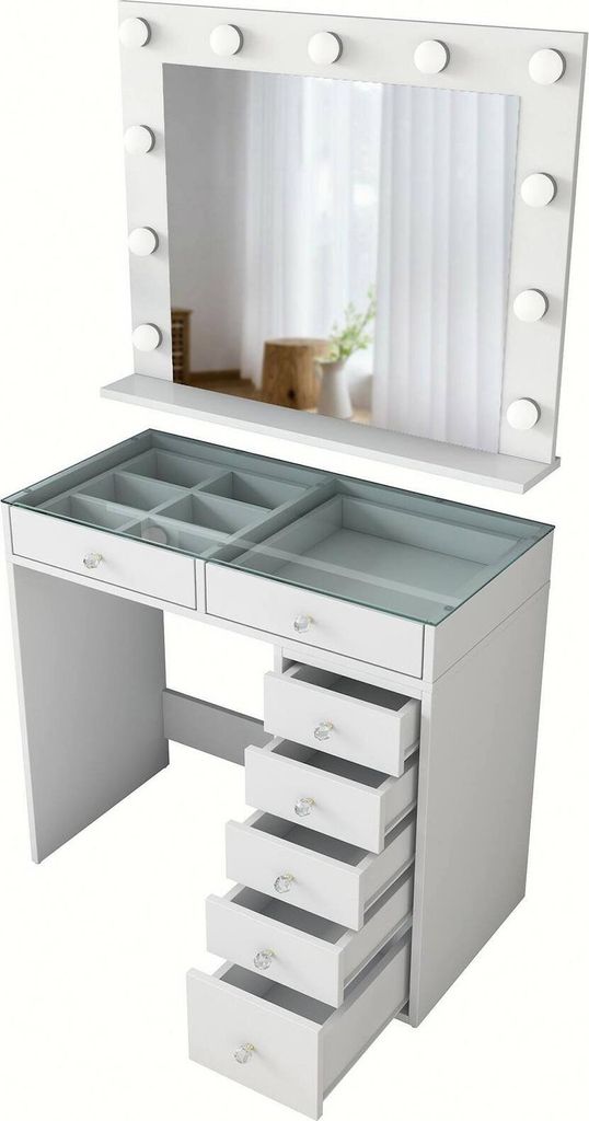 Dmora Konsole Bussero 90x45x80 cm Weiß, Inkl. Spiegel, Ablage Weiß