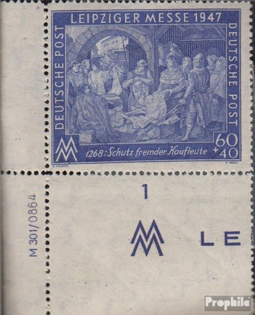 Briefmarken Alliierte Bes.-Gem.Ausg. 1947 Mi 942I A Z DV mit Druckvermerk Linienzähnung 13, Wasserzeichen flach fallend postfrisch Leipziger Messe