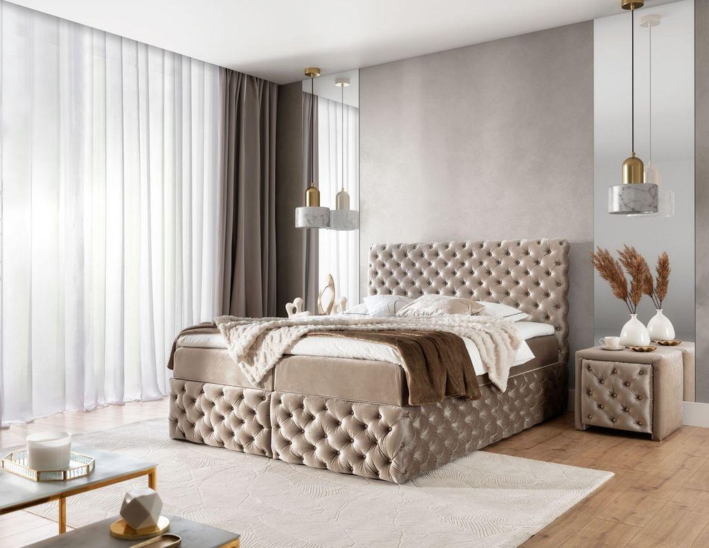 Gepolstertes Doppelbett 160x200 WANEKA - beige + GRATIS Matratzenauflage