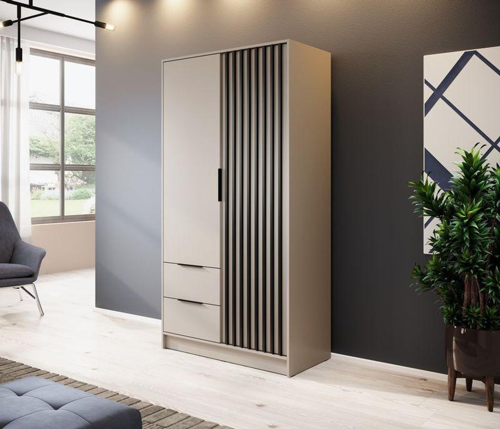 Kleiderschrank – Schlafzimmerschrank – Schlafzimmerschrank klein – NELLY 2D – 105 cm – Kaschmir – Moderner Kleiderschrank mit Lamellenf...