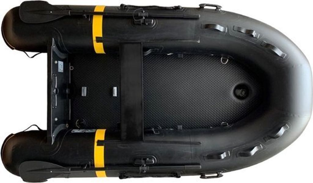 Gelbes V Schlauchboot mit Luftdeck 3,3 m + Poncho + 1 Jahr Navigation Savvy Navy App, schwarz und gelb