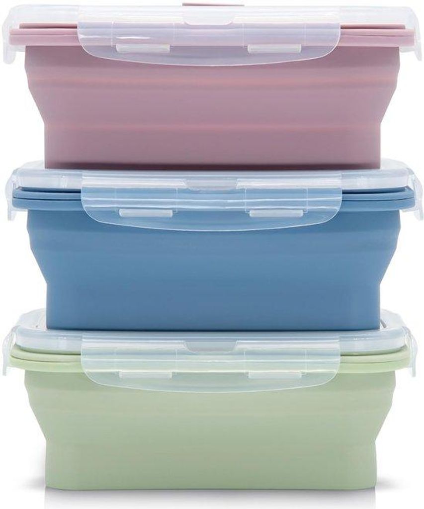 Silikonische Reisebehälter, 3er Set, opklapbare Lunchboxen, vriezer- und ofenbeständig, ideal für Camping, Wandern und Reisen, 1200 ml