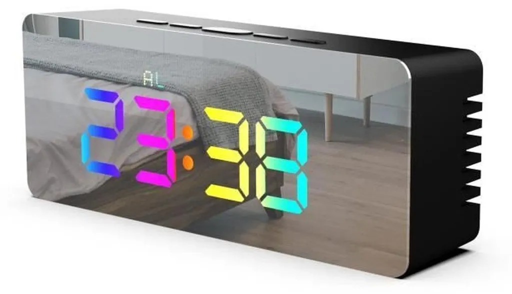 Réveil LED RGB Miroir EVOOM Noir - Ne Manquez Plus l'Heure dans le Noir