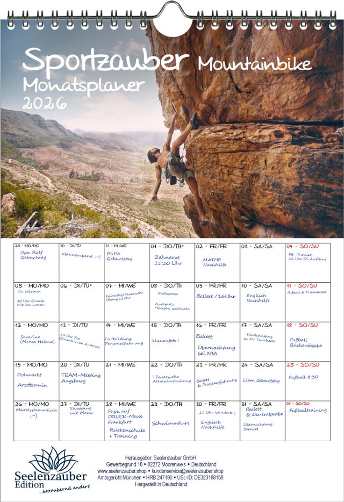 Sportzauber Bergsteigen & Bouldern Planer DIN A4 Kalender für 2026 Berge und wandern - Seelenzauber