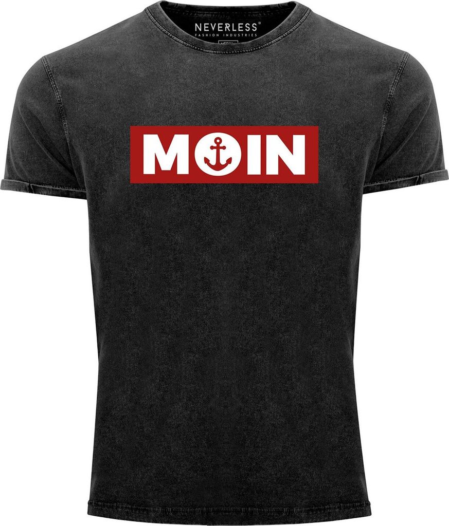 Herren Vintage Shirt Moin norddeutsch Morgen Anker Printshirt T-Shirt Aufdruck Used Look Slim Fit Neverless schwarz 3XL