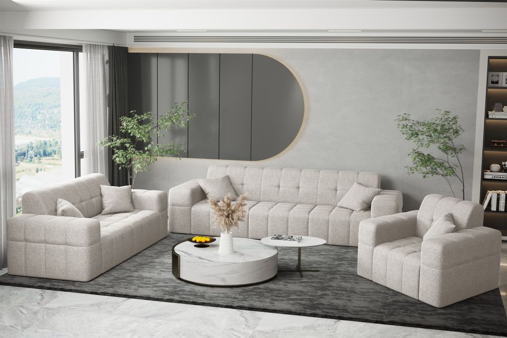 Sofaset Designersofa NANCY 3-2-1 in Stoff Neve Beige Produktbild 