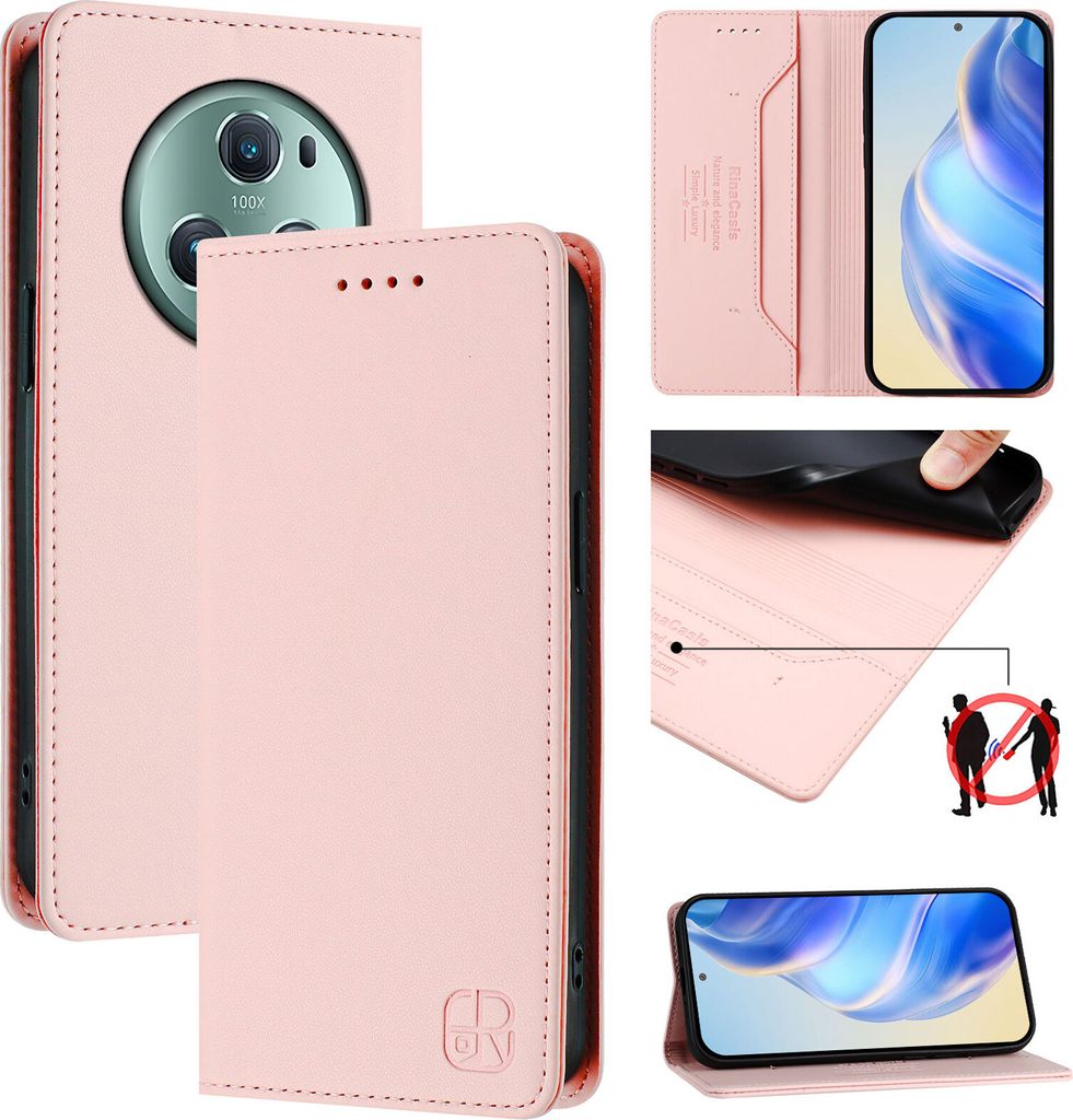 Lederhülle für Honor Magic5 Pro Hülle Flip Brieftasche Kartenfächern Ständer Schutzhülle Pink