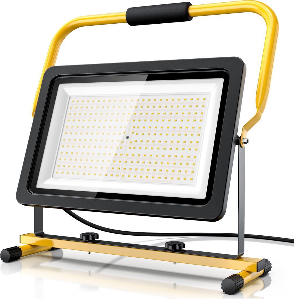 A bright LED work light on a yellow stand.