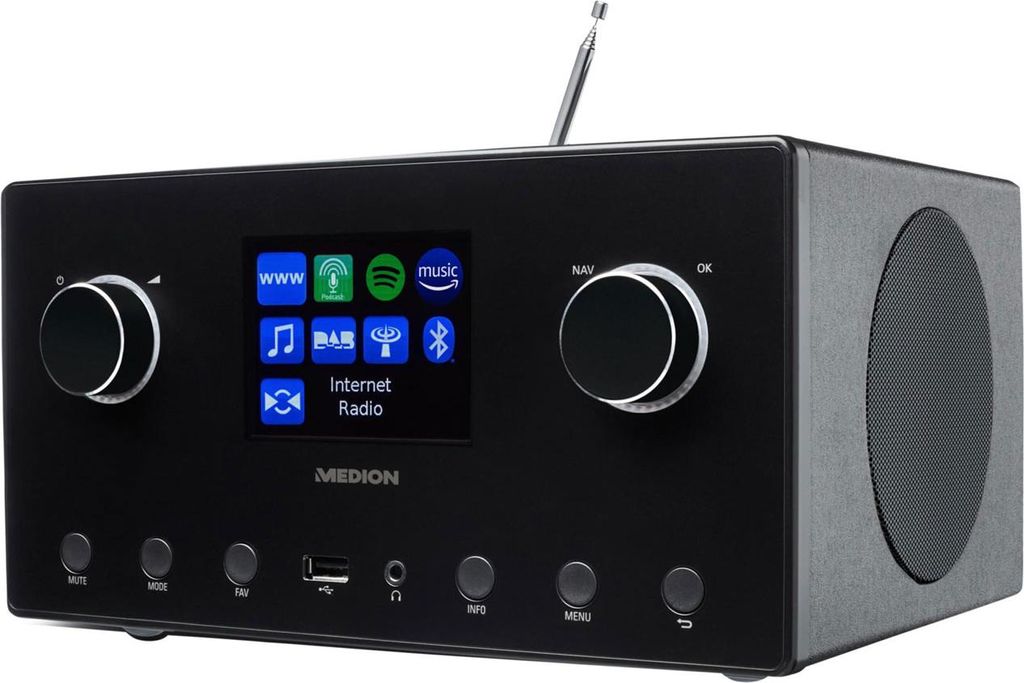A black Medion internet radio with a color display and various buttons and knobs.