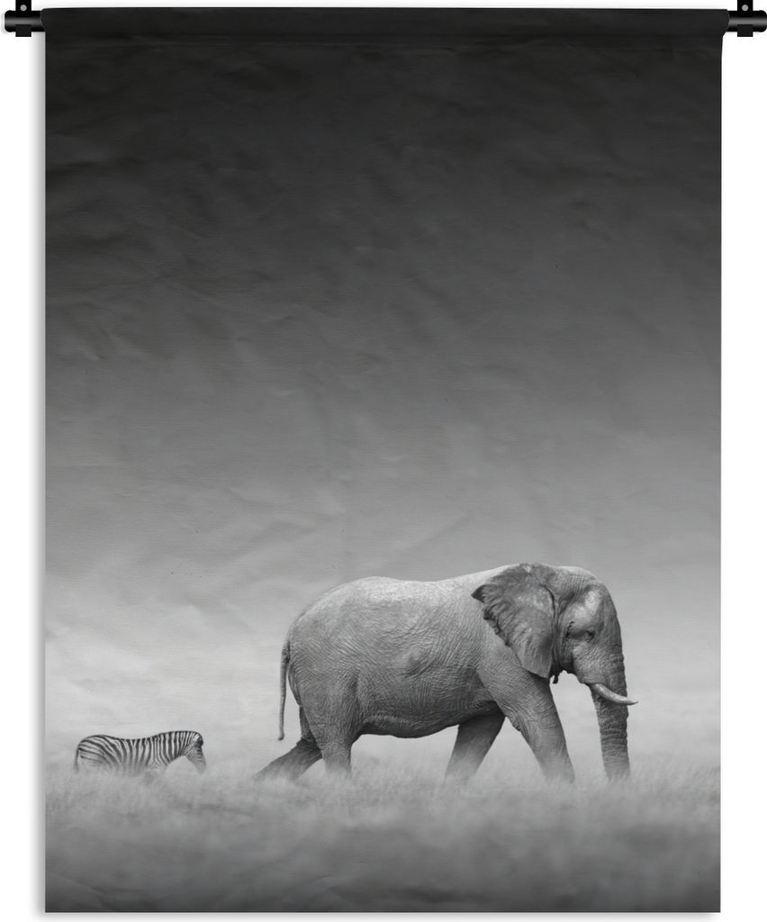 MuchoWow Wandteppich Wandbehang Elefant - Tiere - Landschaft - Schwarz und weiß - Zebra 60x80 cm Tapisserie Dekoration Wandtuch - Decke - Wandt...