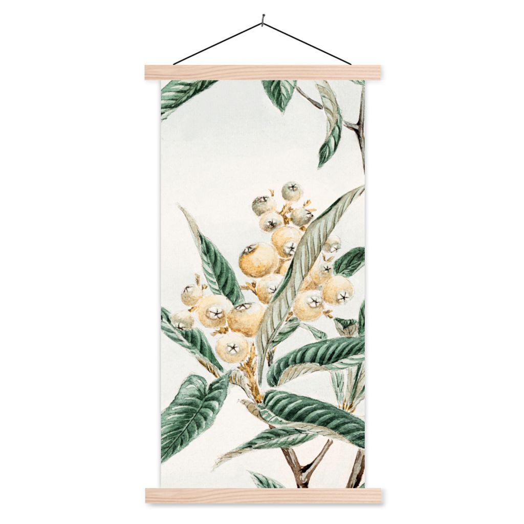 MuchoWow Textilposter Blätter - Beere - Japanisch - Design 40x80 cm mit holzfarbenen Rahmen - Wohnzimmer