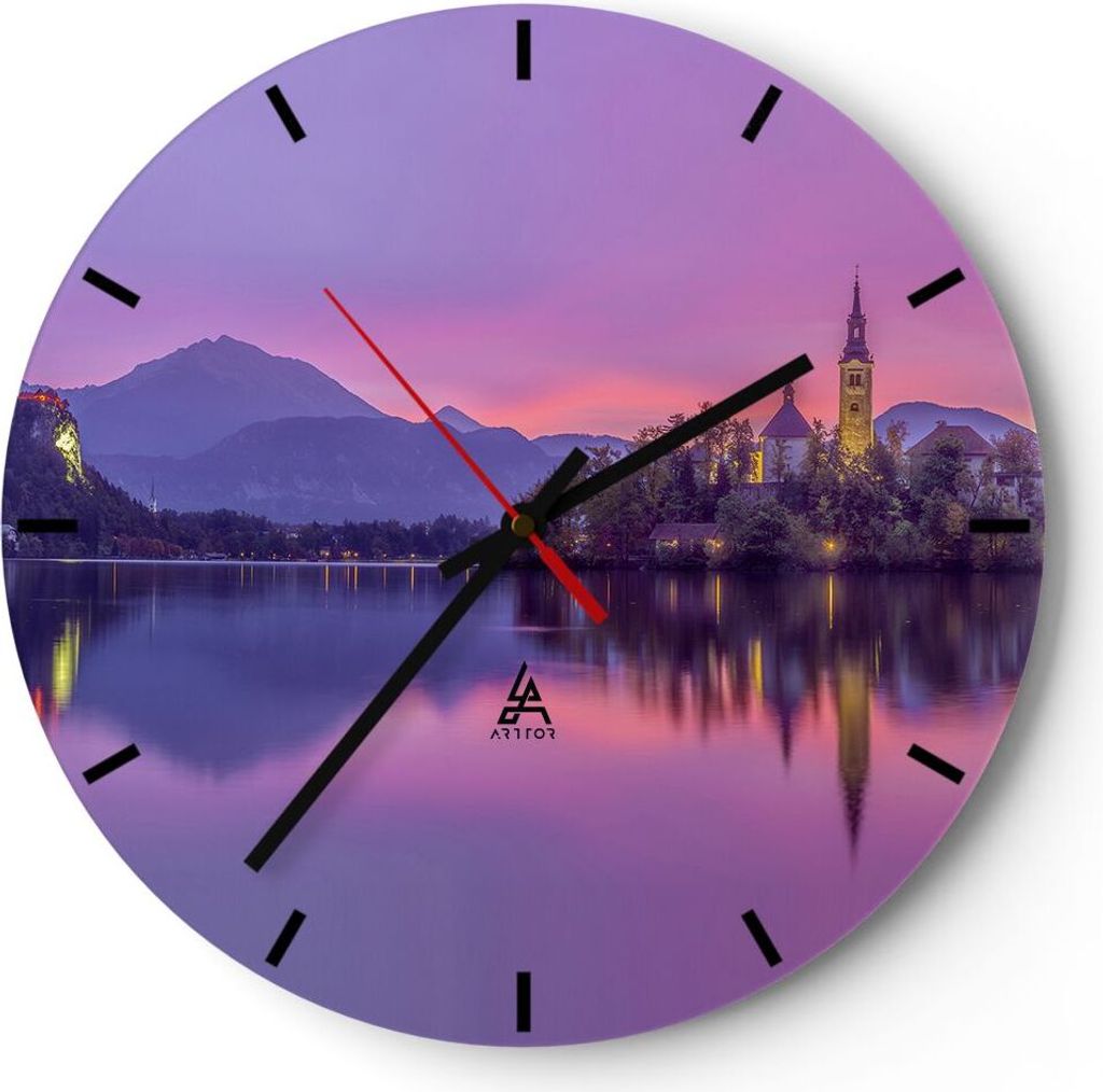 Wanduhr - Rund - Glasuhr - Landschaft Berg See Kirche - 30x30cm - Schleichendes Uhrwerk - Lautlos - zum Aufhängen bereit - Dekoration Modern - Wan...