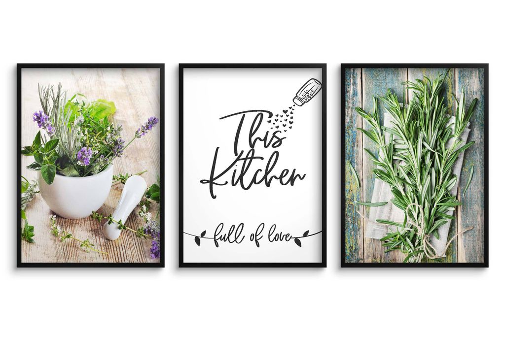 Poster Wandbilder Küchenkräuter 3 Teilig Poster Set 30x40 cm - ökologische Tinte, Wasserfest - Poster für wohnzimmer, schlafzimmer