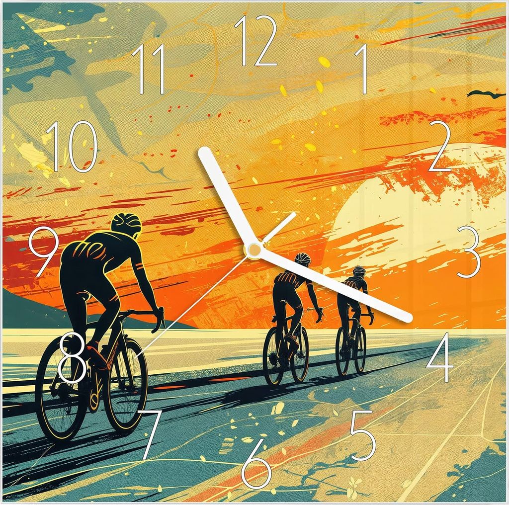 Wanduhr aus Glas mit Motiv Radfahrer Sonnenuntergang- 30 x 30 cm - inkl. Aufhängesystem