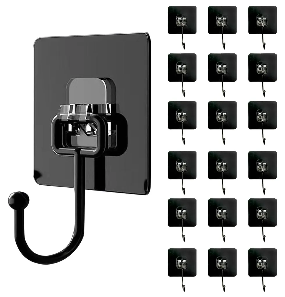 Crochets muraux noirs sans trace - Lot de 20 supports multi-usages