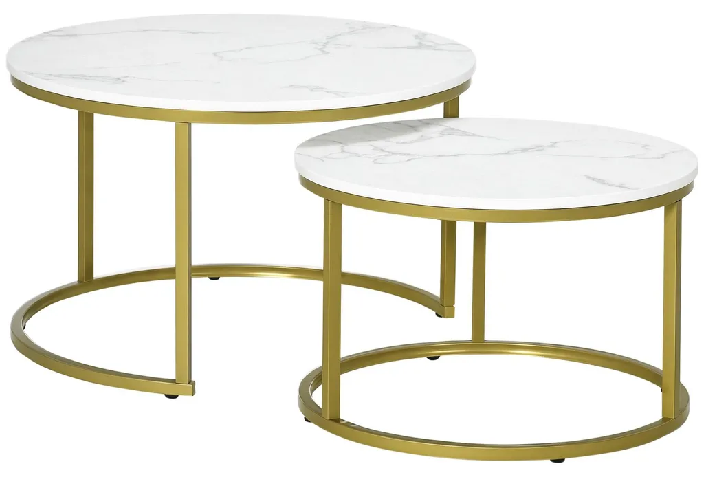 Table gigogne aspect marbre blanc avec structure acier doré ø 74 cm