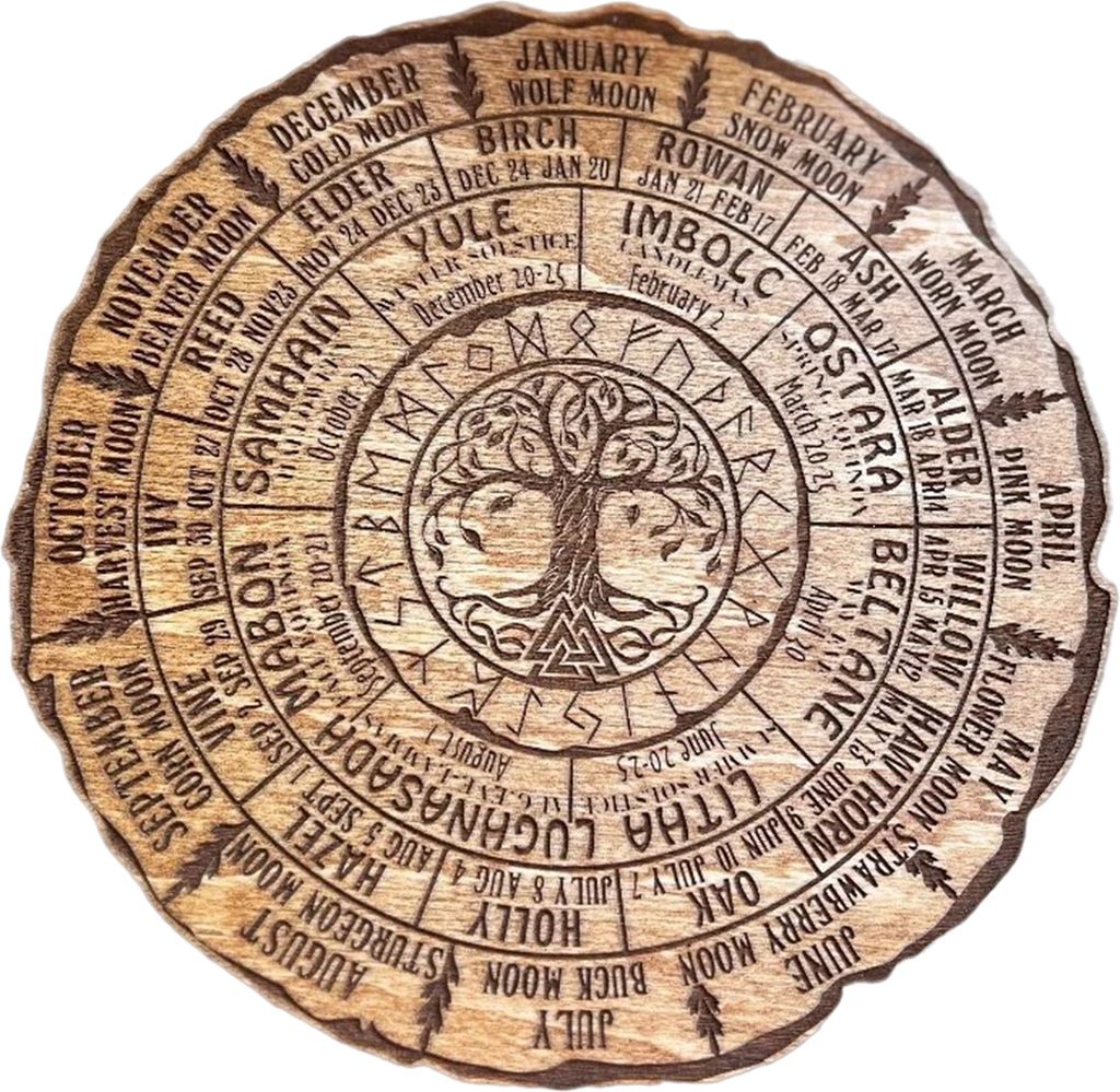 Wanddekorationsschild, Jahresrad, Holzschild, rund, Baumkalender, Jahresrad, Dekoration für heidnisches Zuhause, Meditationsecke