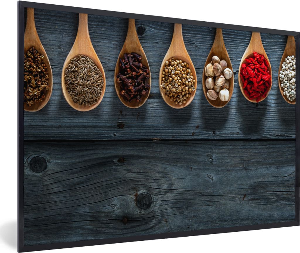 MuchoWow Gerahmtes Poster Gewürze - Löffel - Holz - Küche - Gewürze - Industrie 90x60 cm - Poster mit Schwarzem Bilderrahmen Wandposter Rahme...