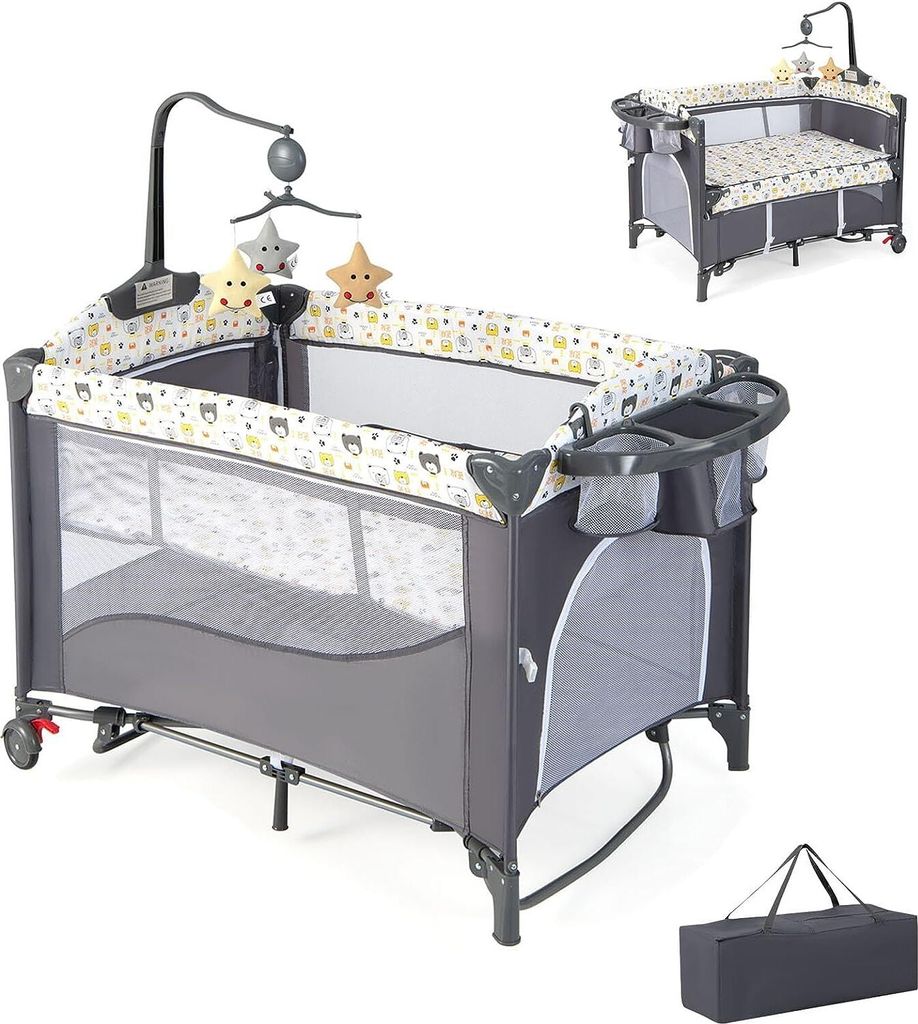 COSTWAY 5 in 1 Babybett, Reisebett Baby mit Matratze, Beistellbett höhenverstellbar mit Wickeltisch, Sicherheitsgurt, Spieluhr & Hängespielzeug, ...