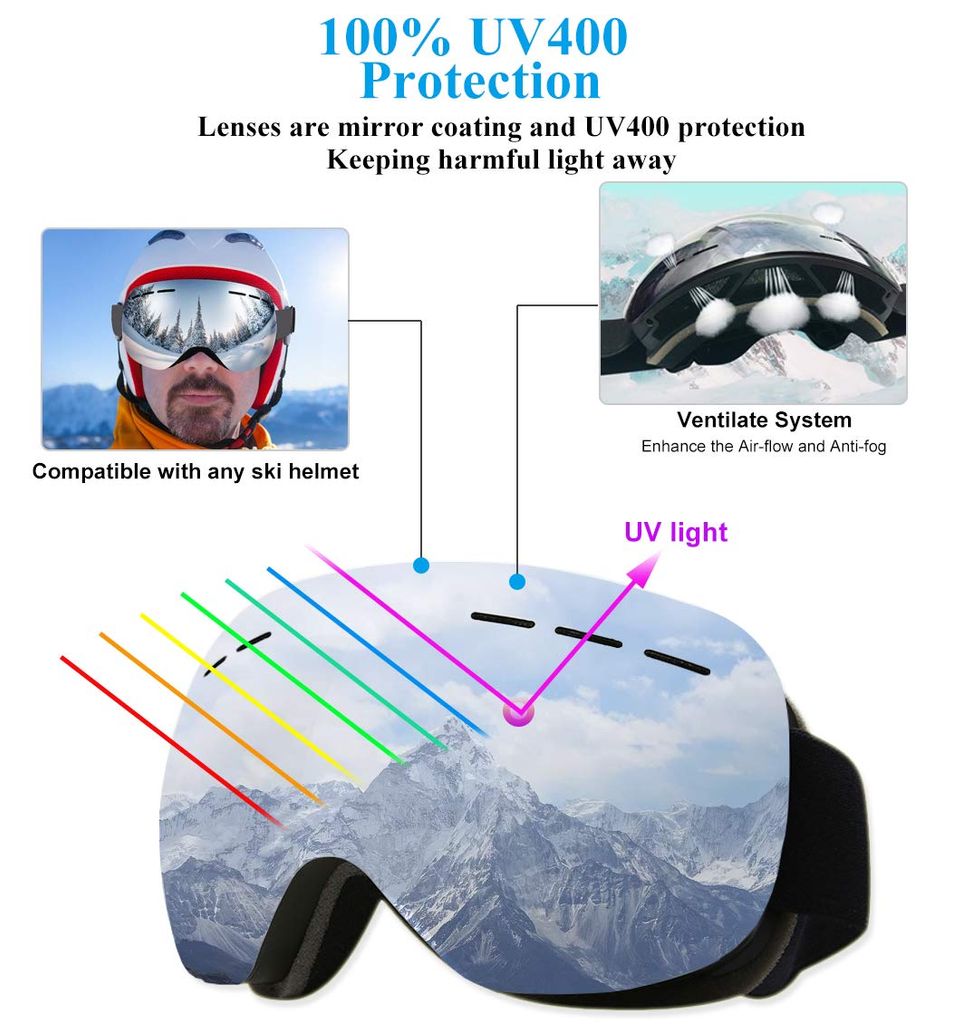 Anti-Beschlag UV400 Schnee Brille Skibrille Snowboard Brille OTG REVO UV-Schutz 