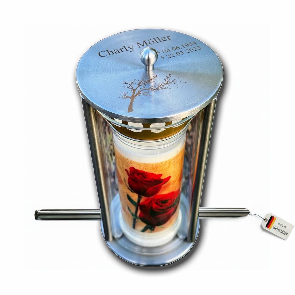 Grablaterne Personalisiert aus Edelstahl inkl. 7 Tage Kerze für Friedhof – Wetterfeste Grablampe, Grablicht, Grableuchte, Outdoor, Grabschmuck