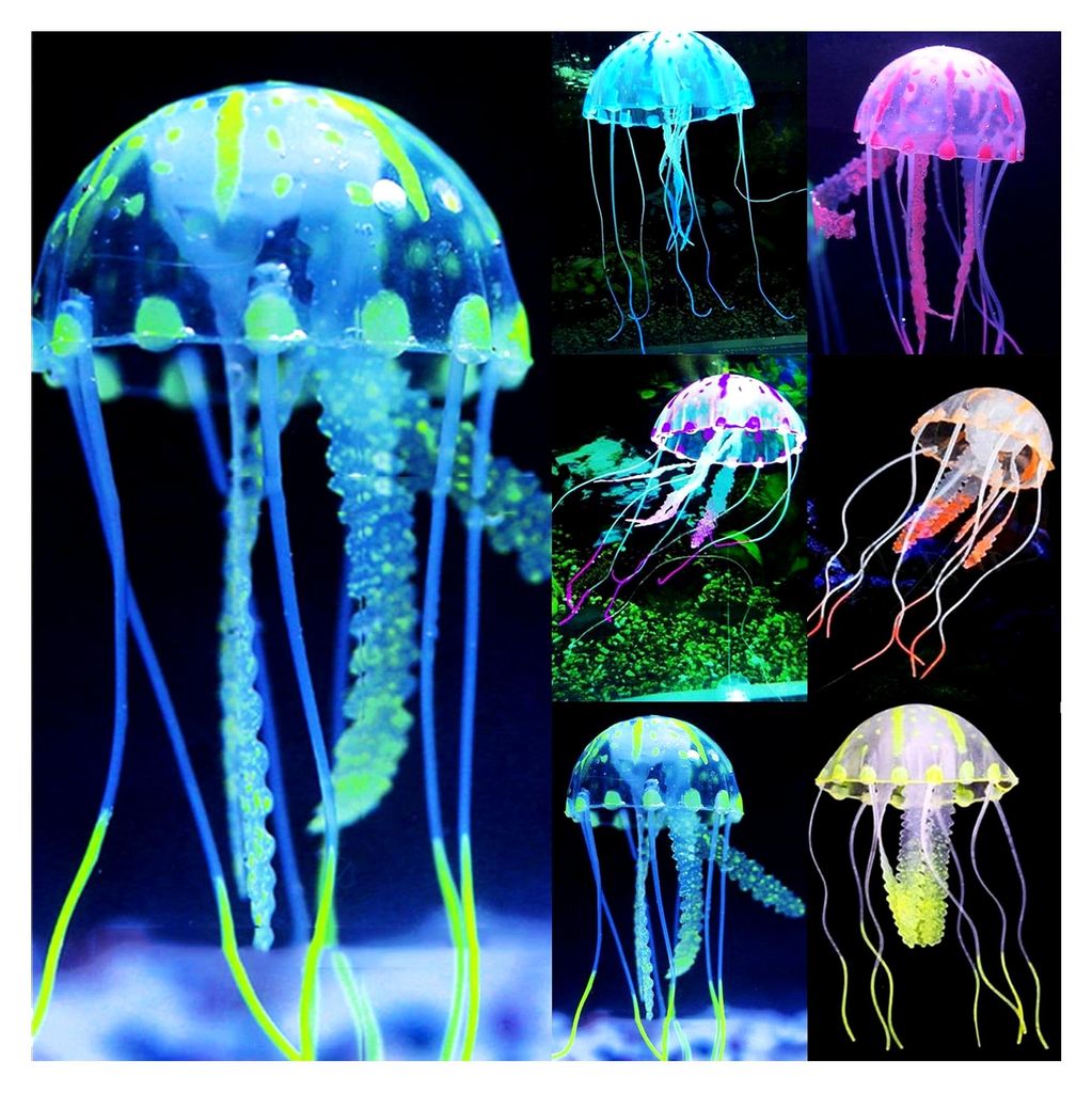 6 Stück Bunte Quallen Ornament mit Leuchteffekt – Nachgeahmte Aquarium-Dekoration – Lebensechte Silikon schwimmende Dekoration für Aquariumla...