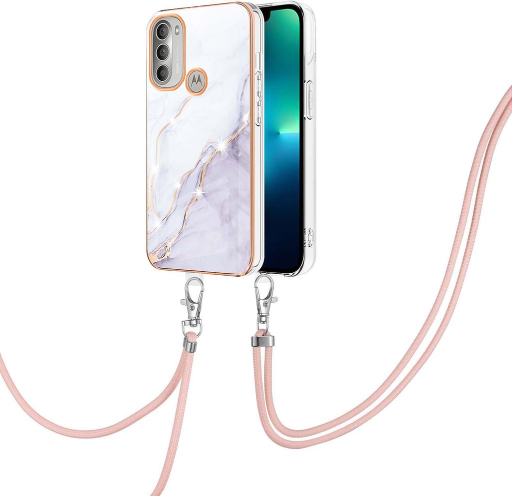 Handykette Hülle für Motorola Moto G51 5G Muster TPU Schutzhülle mit verstellbarem Tragegurt Weiß