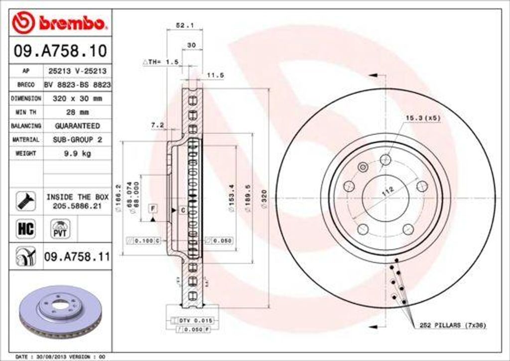 BREMBO 09.A758.11 Bremsscheibe OE 8K0615301A kompatibel mit Q5, A5 8T, A5 8F, A4 8K