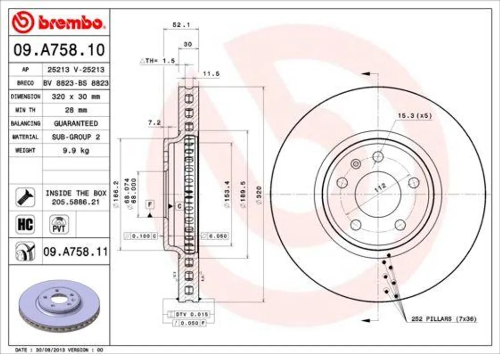 Disque de Frein Ventilé Brembo 09.A758.11 pour Audi Q5 et A4 Berline