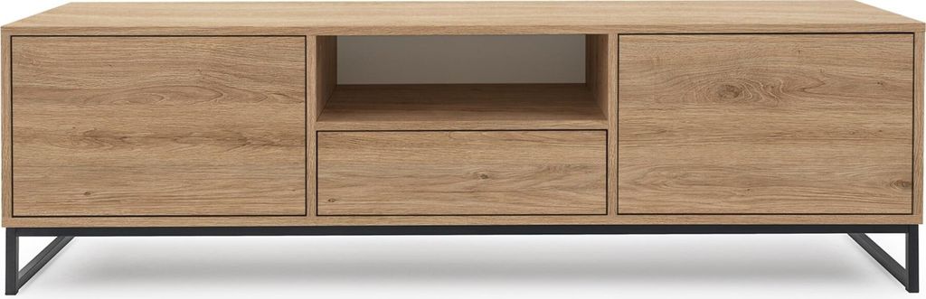 A front view of a wooden TV stand with black metal legs, set against a white background.