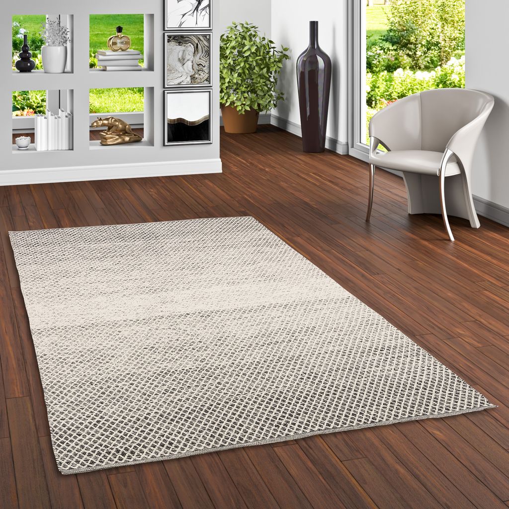 Baumwolle Natur Kelim Teppich Sandy Schwarz Weiss Meliert, Größe:70x140 cm
