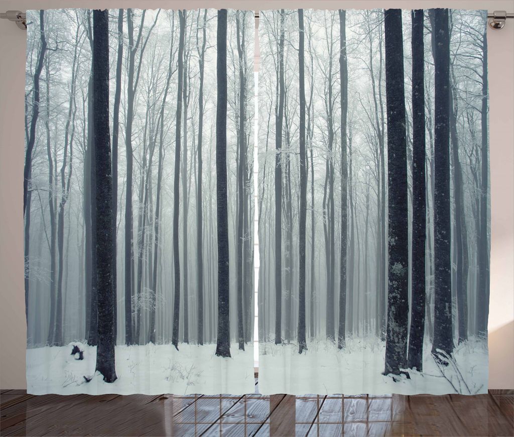 ABAKUHAUS Winter Rustikaler Gardine, Foggy Mysterious Woods, Schlafzimmer Kräuselband Vorhang mit Schlaufen und Haken, 280 x 245 cm, Weiß Schwarz