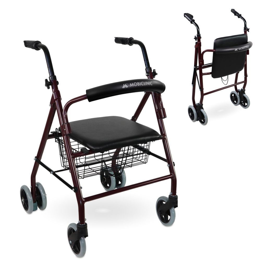 Mobiclinic Rollator, Faltbar und Leicht, Prado, Aluminium, , Druckbremsen, Laufhilfe Senioren, Gehwagen, Rollator mit Sitz und 4 Rädern, Bordeaux