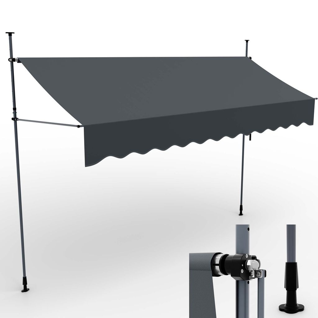 A dark gray awning is shown extended from a support structure against a plain background. A close-up of the awning's crank mechanism is shown in the lower right corner.
