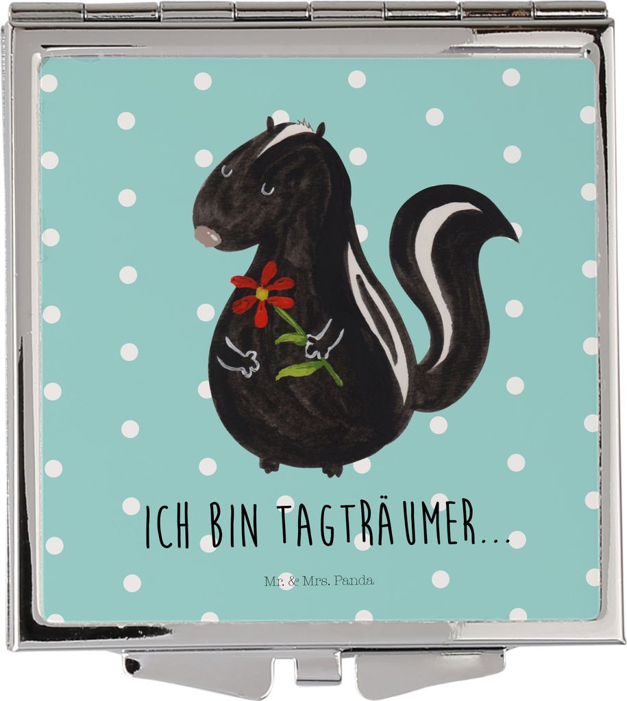Mr. & Mrs. Panda Quadratischer Spiegel Stinktier Blume - Türkis Pastell - Geschenk, Wildtier, Dreams, Träume, Kosmetikspiegel, Schminkspiegel, Ra...