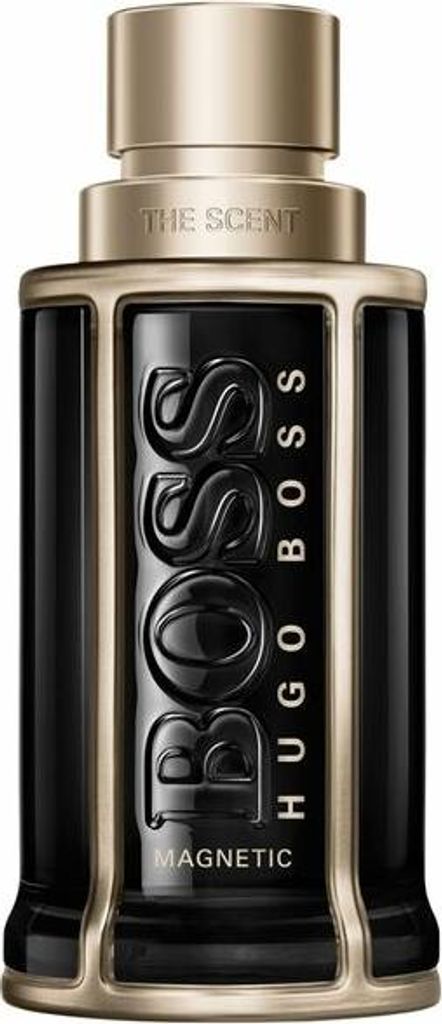 A close-up studio shot of a bottle of BOSS The Scent Magnetic for Him Eau de Parfum.