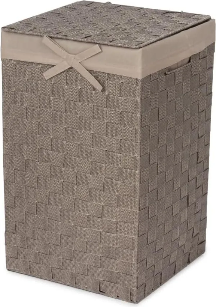 Panier à linge en lin taupe tissé main - Couvercle et poignées - 60L