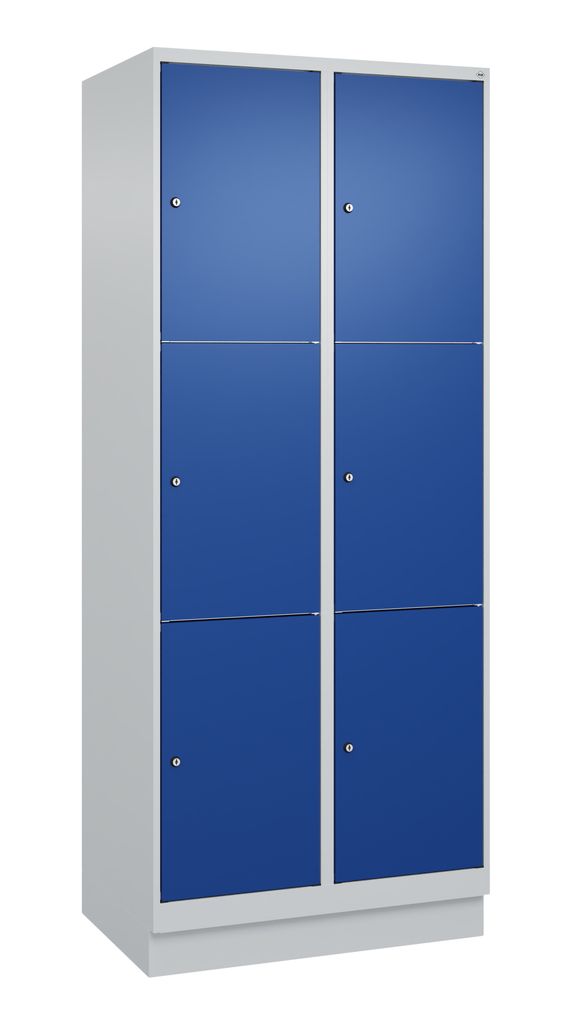 Fächerschrank, BxTxH 800x500x1950 mm, 2x3 Fächer, Abt.B 400 mm, Sockel, Schloss, glatte Türen, RAL 7035/5010